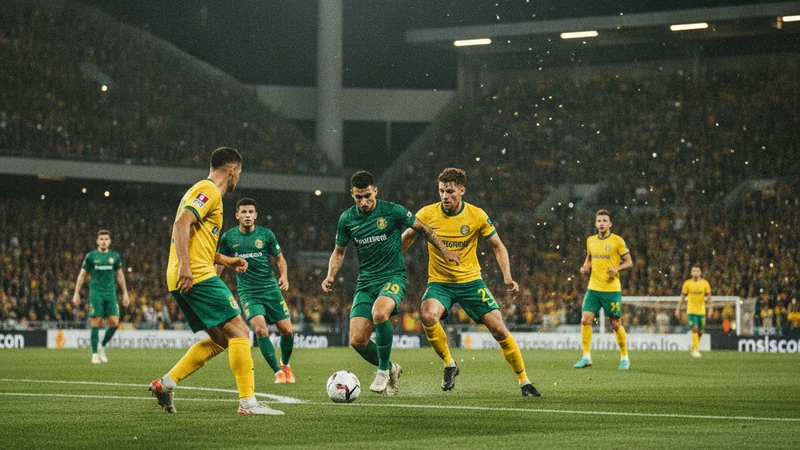 Aksi perlawanan malam di stadium: pemain berjersi hijau dan kuning merebut bola