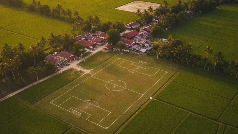 Pemandangan udara sawah padi dengan padang bola sepak kampung