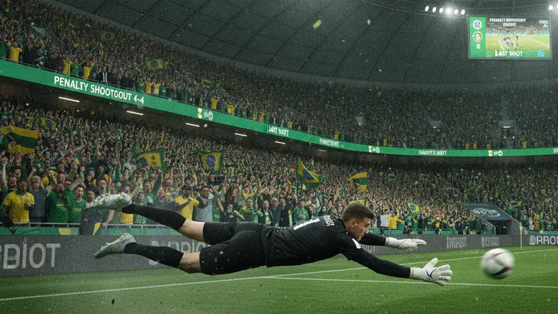 Goalkeeper diving during a penalty shootout in front of green and yellow supporters