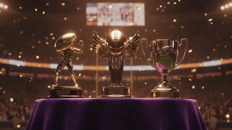 Three golden football trophies on display with falling confetti